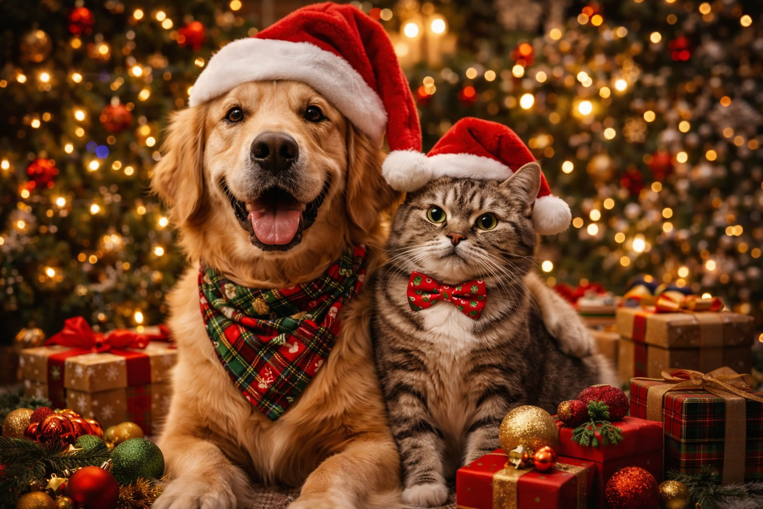Festive friends by the Christmas tree